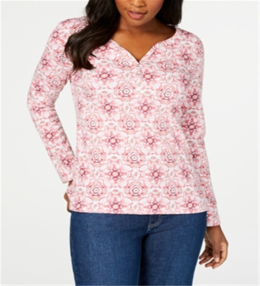 Karen Scott Women's 3-4 Sleeve Printed Henley Pink Size -M
