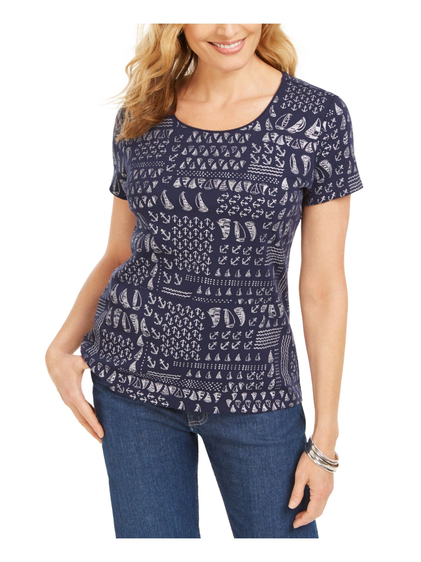 Karen Scott Women's Sailboat Print Top Blue Size Small