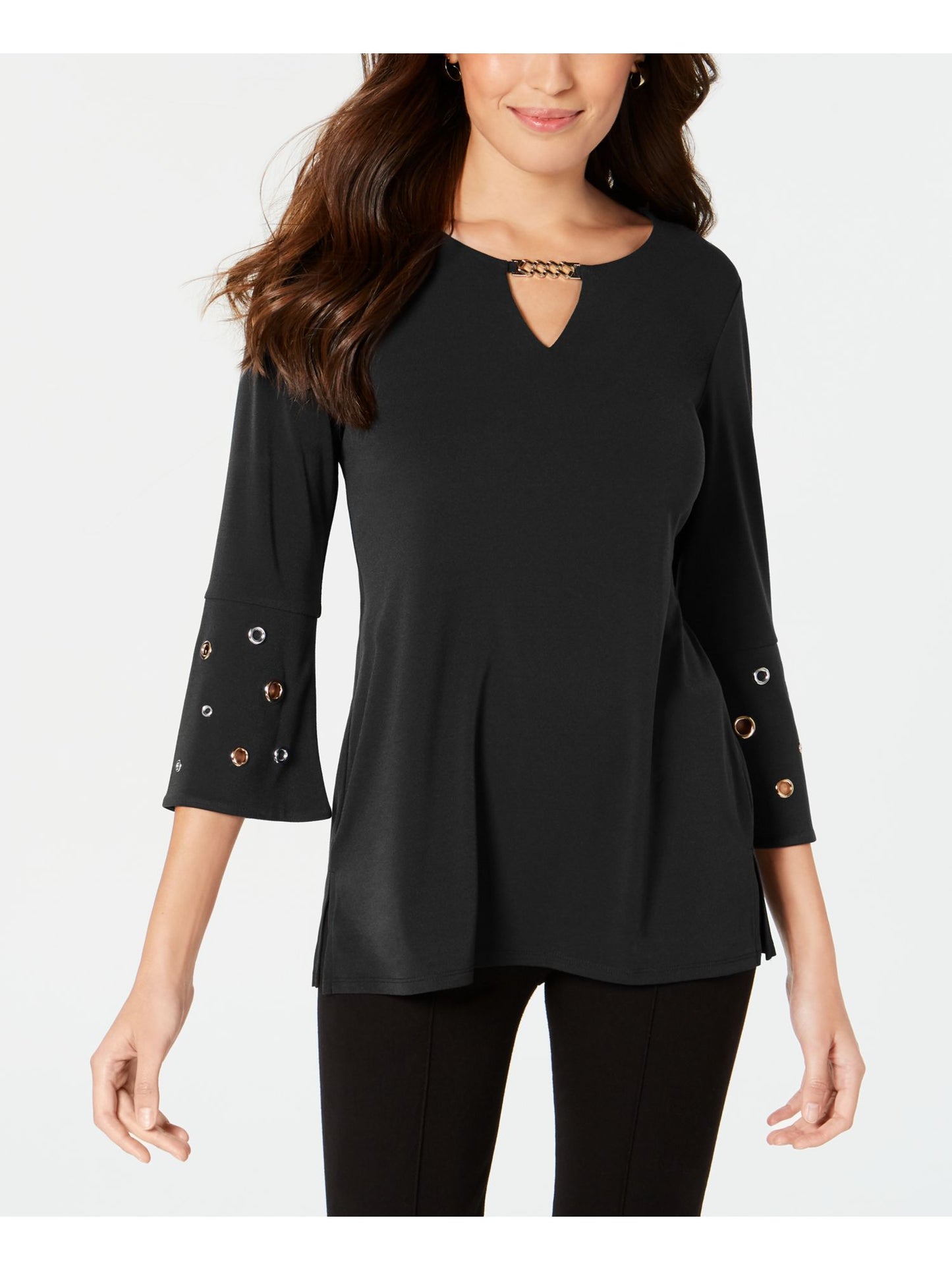 JM Collection Women's Chain Detail Crepe Top Black Size Petite