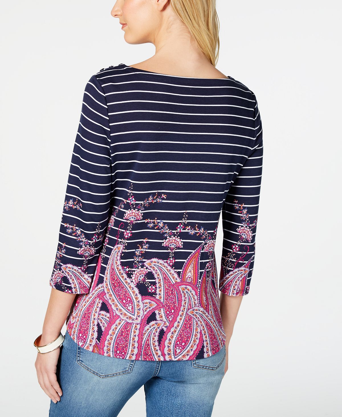 Charter Club Women's Striped Paisley Print Top Blue Size Large