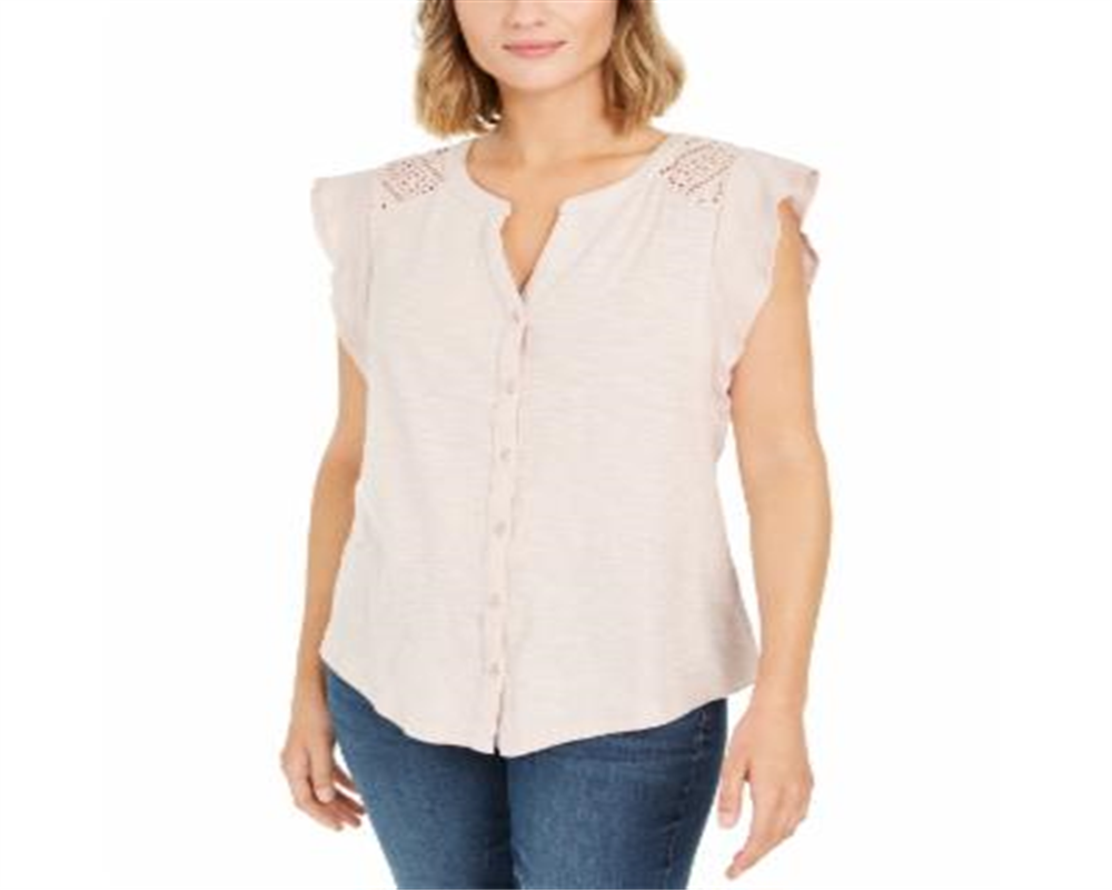 Style & Co Women's Eyelet Sleeveless Shirt  Pink Size Large