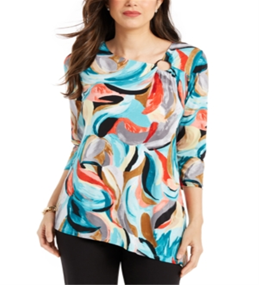 JM Collection Women's Printed Asymmetrical Hem Tunic Top Blue Size XX-Large