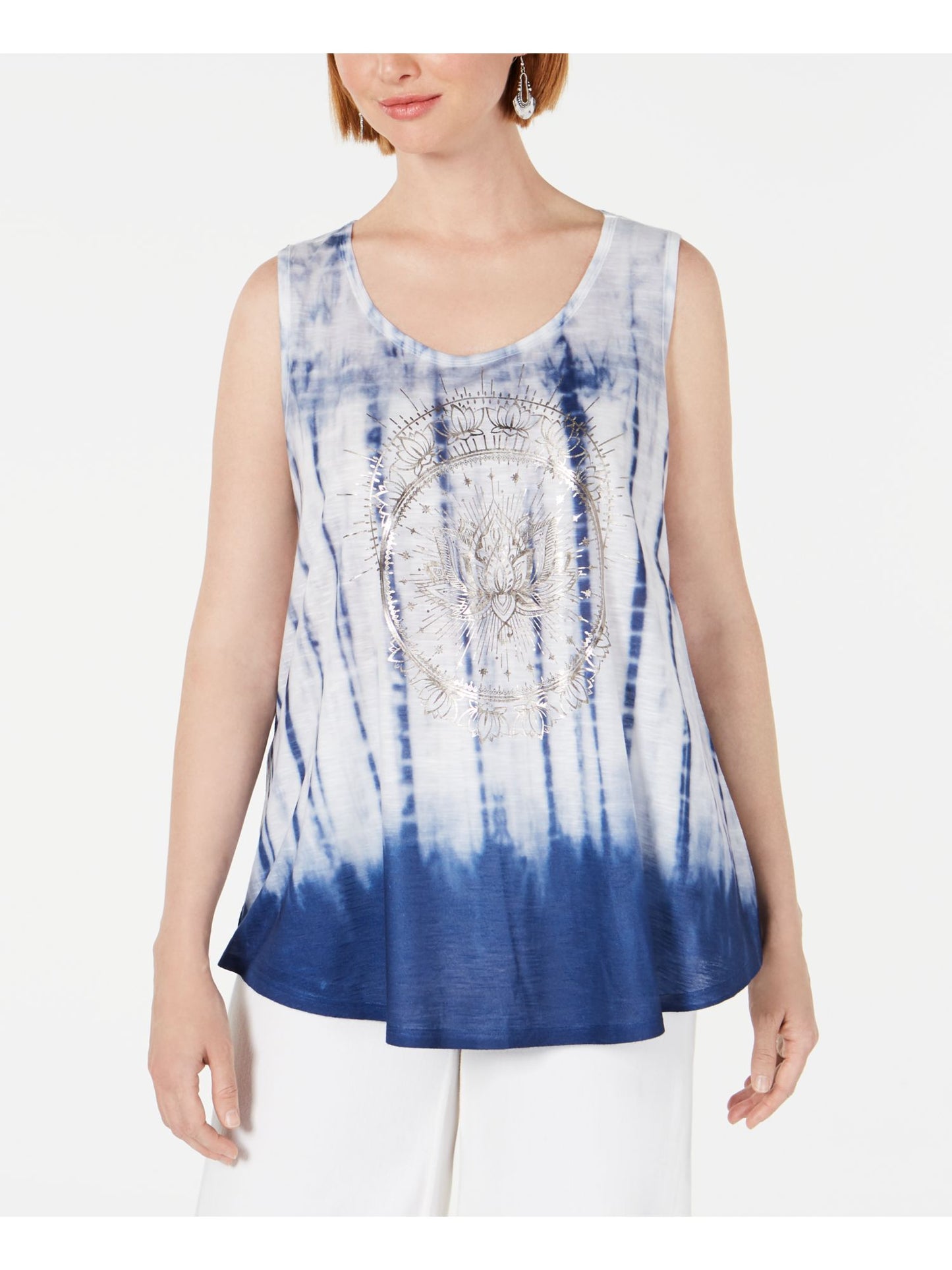 Style & Co Women's Tie Dye Sleeveless Scoop Neck Top Blue Size Large