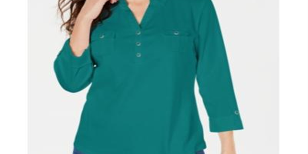 Karen Scott Women's Cotton Johnny-Collar Utility Shirt Green Size Large