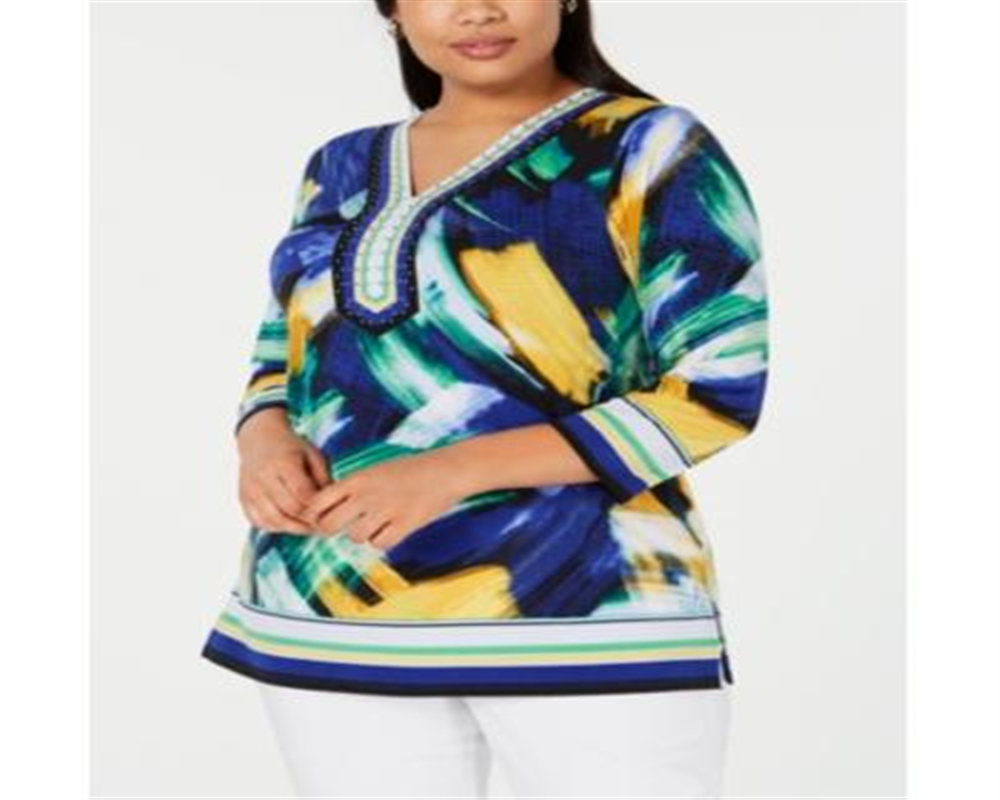 JM Collection Women's Embellished V Neck Tunic Top Blue Size 1X
