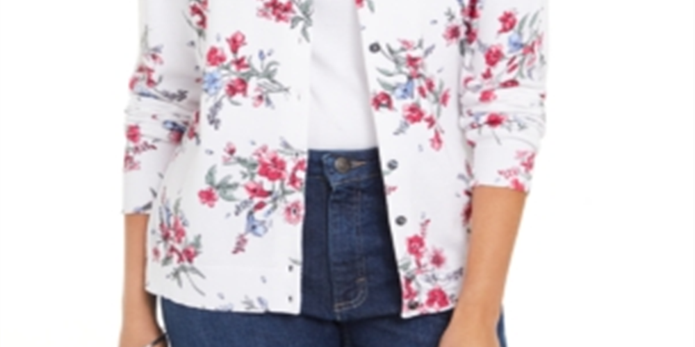 Karen Scott Women's Floral Print Button Cardigan White Size X-Small