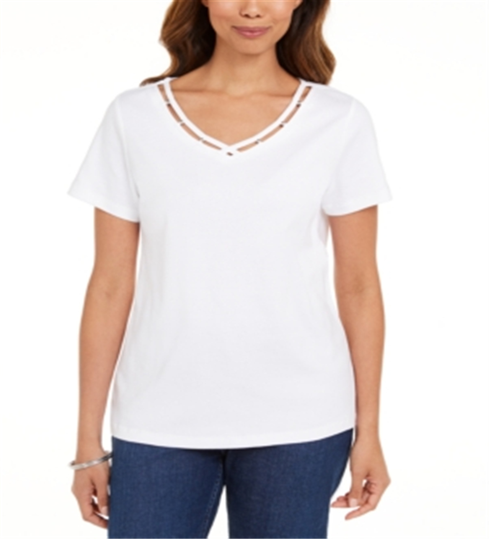 Karen Scott Women's Cotton Open Trim V Neck T-Shirt White Size M