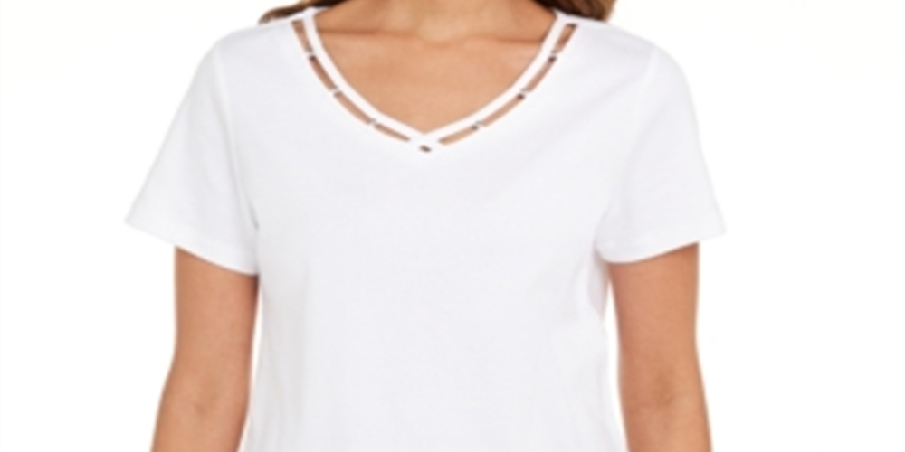 Karen Scott Women's Cotton Open Trim V Neck T-Shirt White Size M