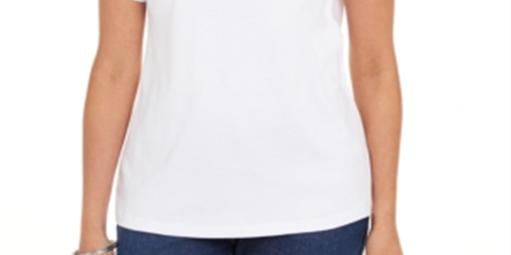 Karen Scott Women's Cotton Open Trim V Neck T-Shirt White Size M