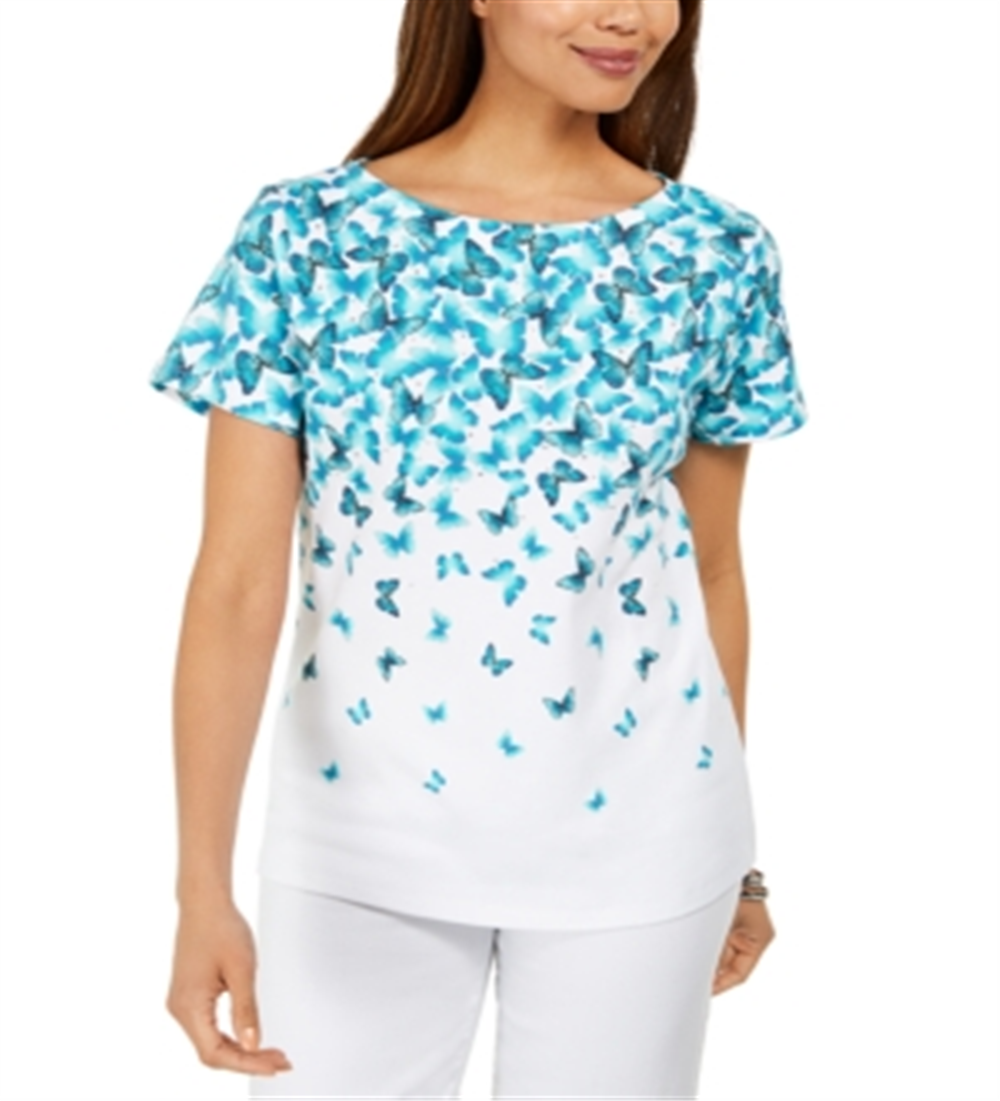 Karen Scott Women's Cascade Butterfly Printed Top Blue Size XS