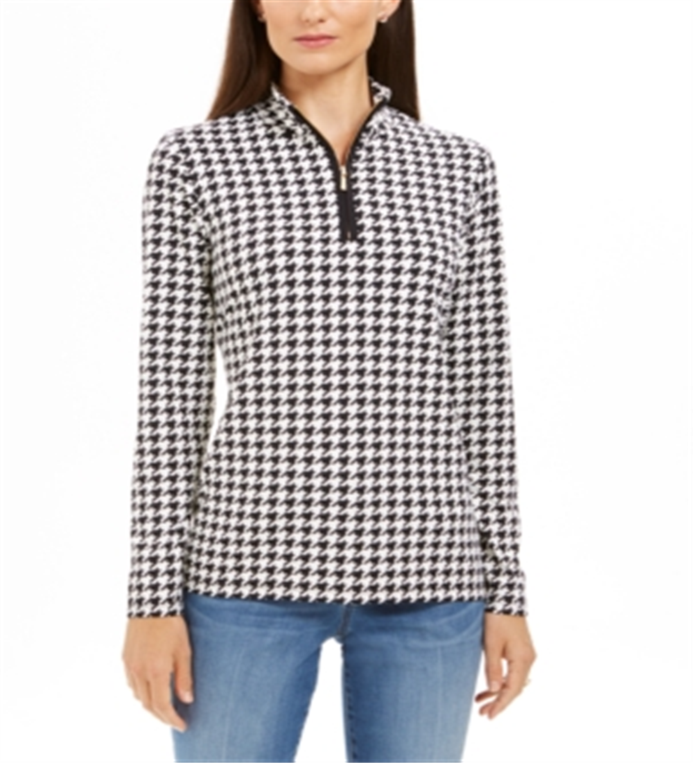 Charter Club Women's Houndstooth Print Zippered Top Black Size L