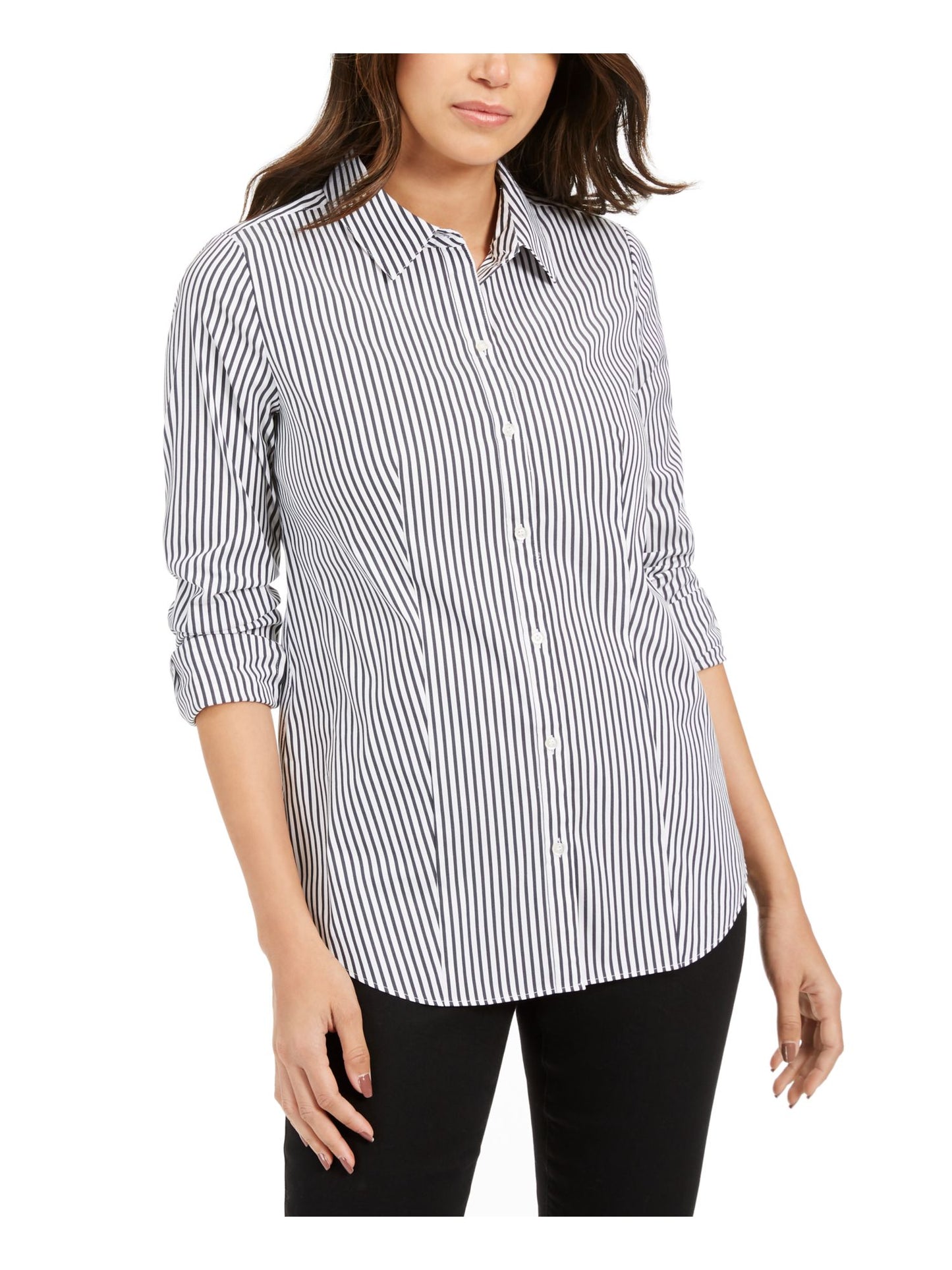 Charter Club Women's Striped Cuffed Collared Button up Top Black Size 14