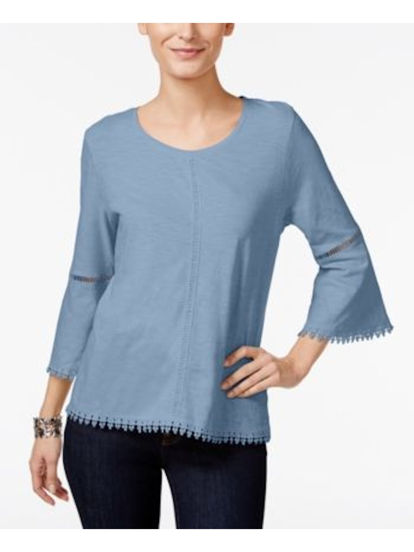 Style & Co Women's Bell Sleeve Jewel Neck Top Blue Size Petite Medium