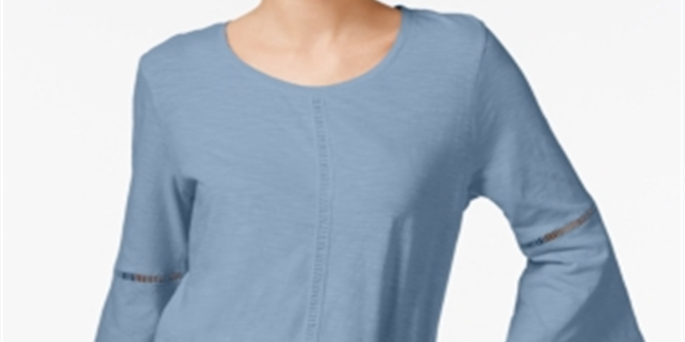 Style & Co Women's Bell Sleeve Jewel Neck Top Blue Size Petite Medium