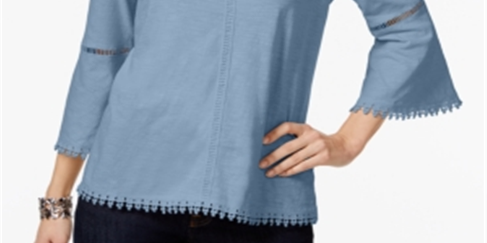 Style & Co Women's Bell Sleeve Jewel Neck Top Blue Size Petite Medium