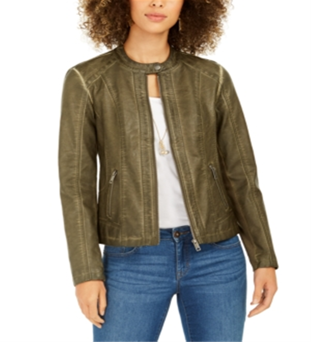 Style & Co Women's Perforated Garment Dyed Faux Leather Jacket Green Size L