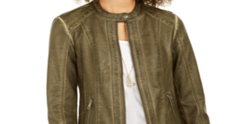 Style & Co Women's Perforated Garment Dyed Faux Leather Jacket Green Size L