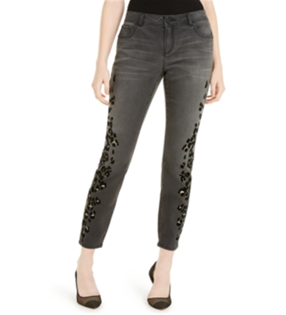INC International Concepts Women's Flocked Leopard Print Skinny Jeans Black Size 0