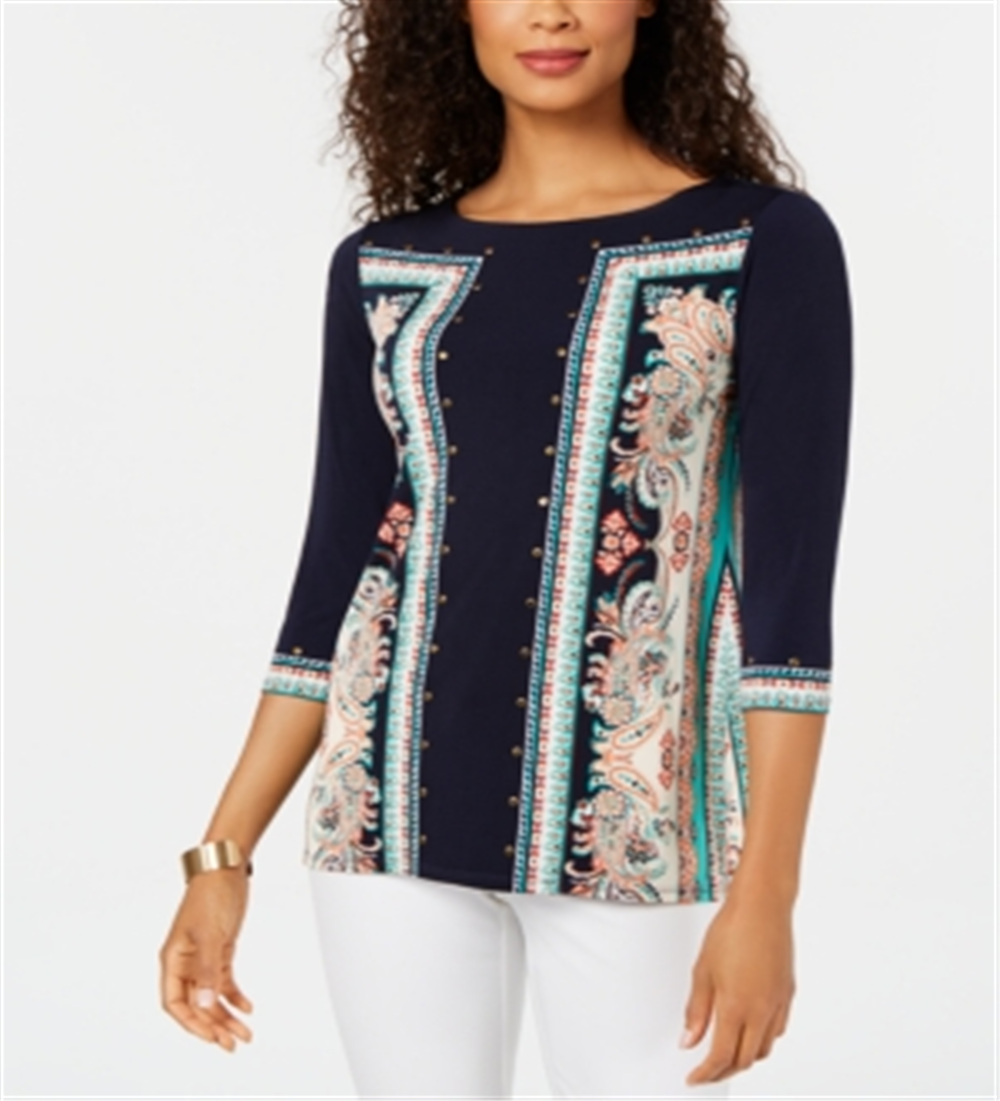 JM Collection Women's Studded Printed 3/4 Sleeve Top Blue Size M