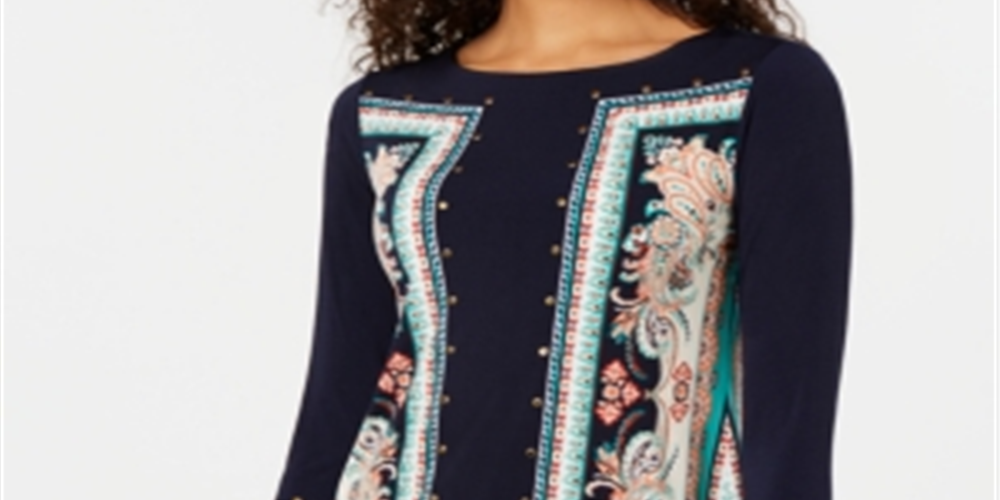 JM Collection Women's Studded Printed 3/4 Sleeve Top Blue Size M