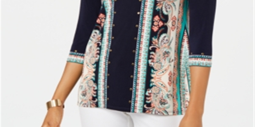 JM Collection Women's Studded Printed 3/4 Sleeve Top Blue Size M