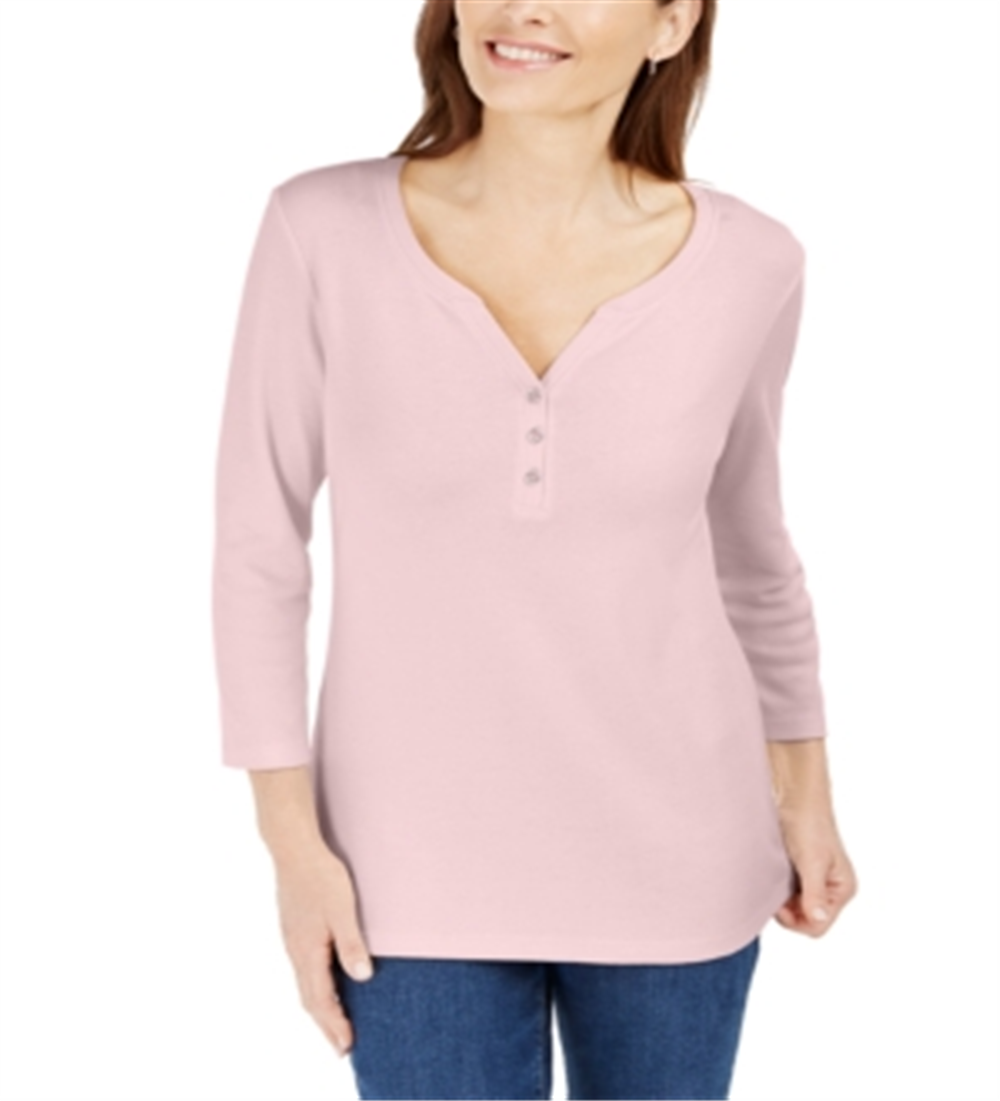 Karen Scott Women's 3/4 Sleeve Henley Shirt Pink Size M