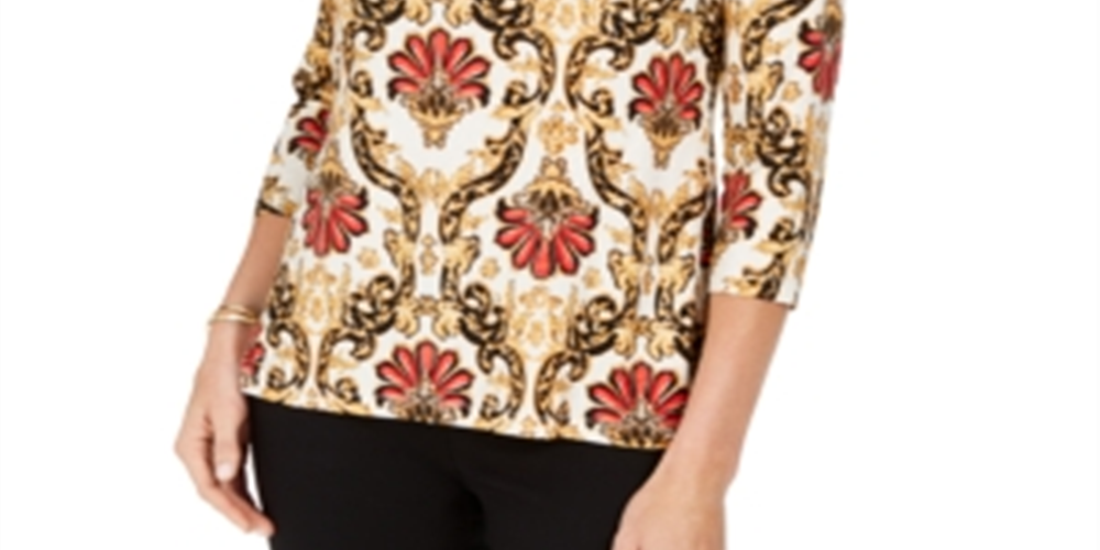 JM Collection Women's Printed Jacquard Top Brown Size Petite X-Small