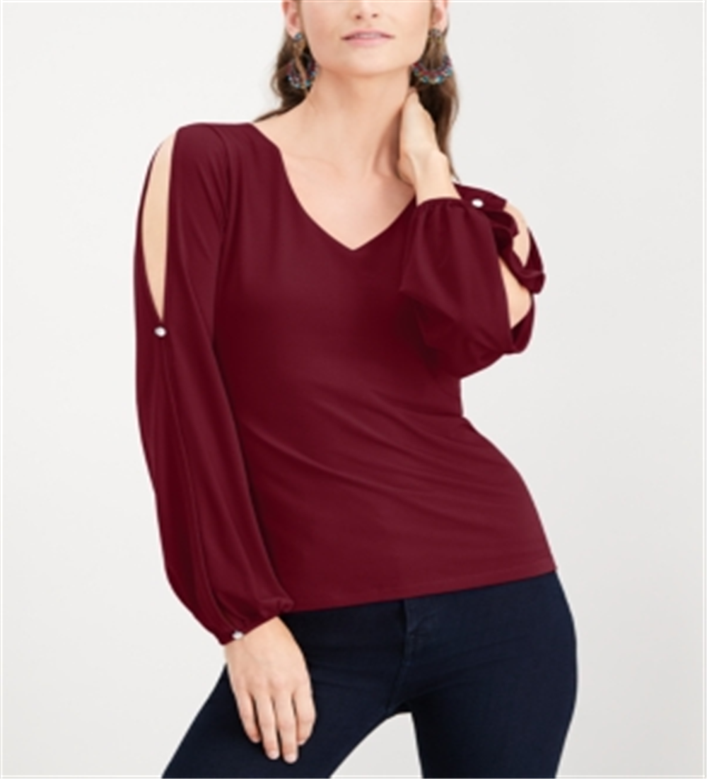 INC International Concepts Women's Split Sleeve Rhinestone Button Top Red Size PP