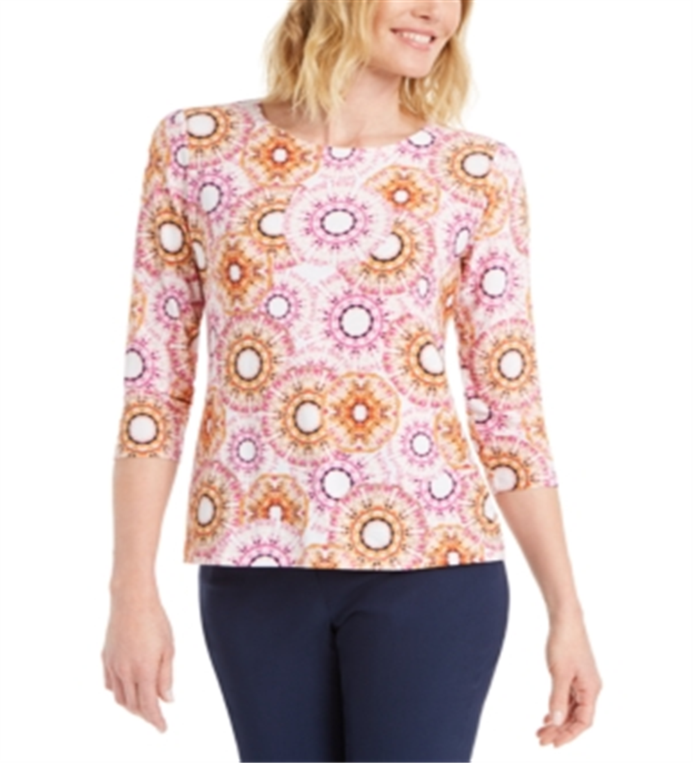 JM Collection Women's Printed 3/4 Sleeve Jacquard Top Pink Size 2XL