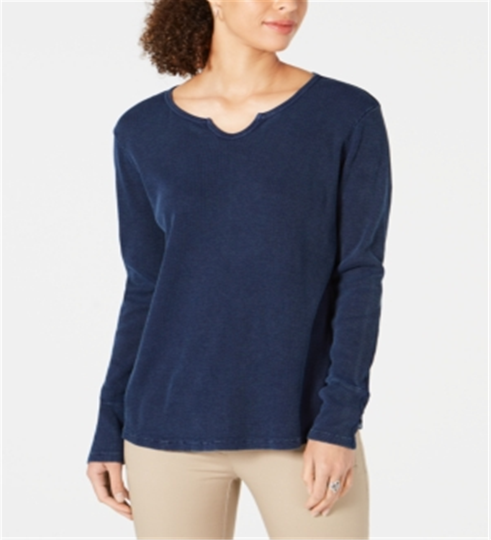 Style & Co Women's Split Neck Cotton Thermal Top Blue Size XL