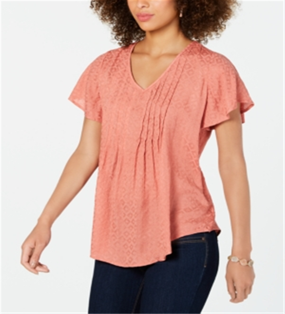 Style & Co Women's Coral Ruffled Cap Sleeve V Neck Top Orange Size Petite