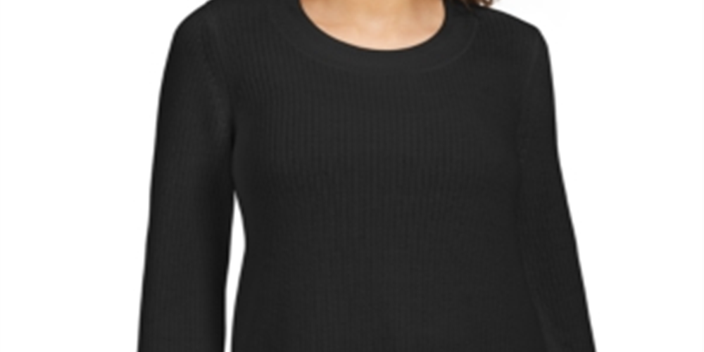 Style & Co Women's Textured Round Neck Long Sleeve Sweater Black Size Petite X-Large