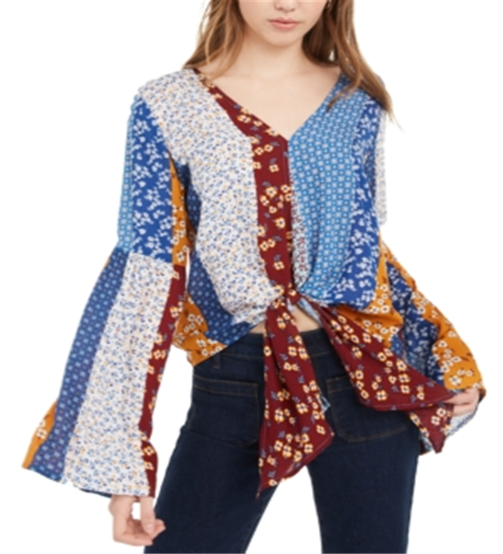 Polly & Esther Junior's Tie Front Bell Sleeve Top Brown Size Small