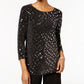 MSK Women's Sequined Long Sleeve Jewel Neck Top Black Size Petite Small