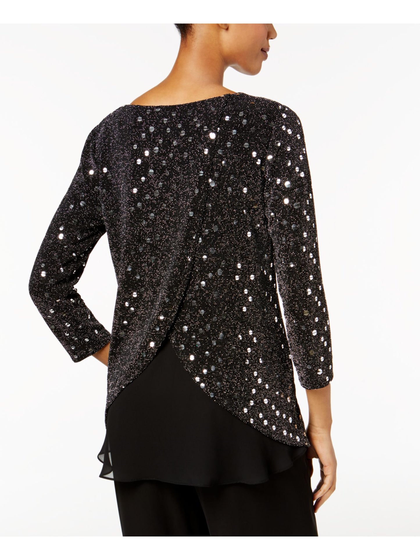 MSK Women's Sequined Long Sleeve Jewel Neck Top Black Size Petite Small