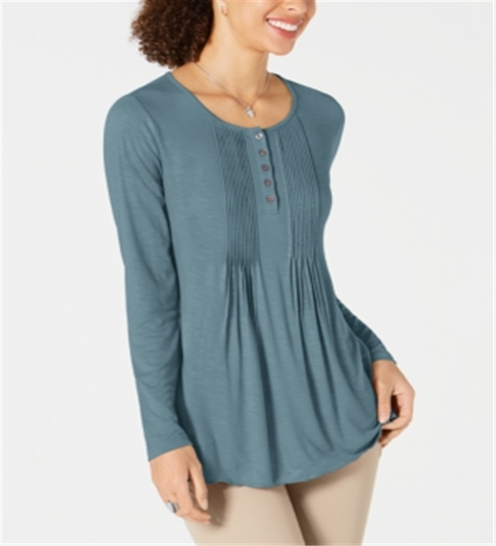 Style & Co Women's Long Sleeve Pintuck Top Blue Size XS