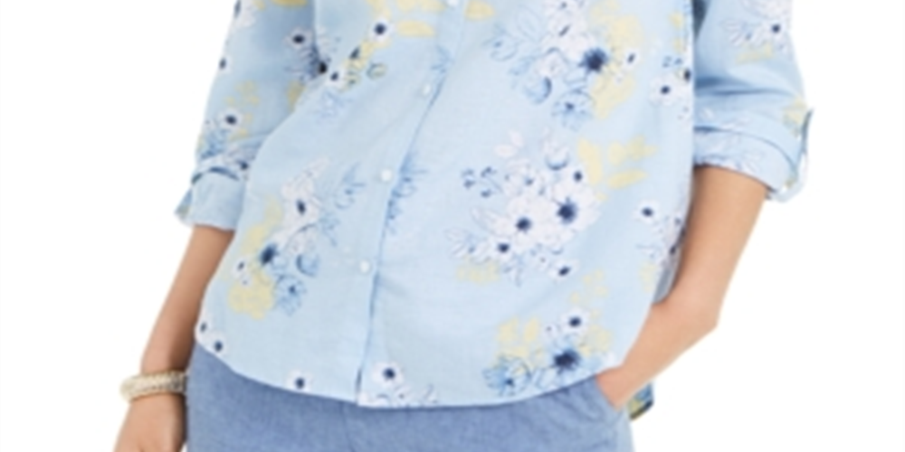 Charter Club Women's Floral Print Linen Blend Shirt Blue Size XS
