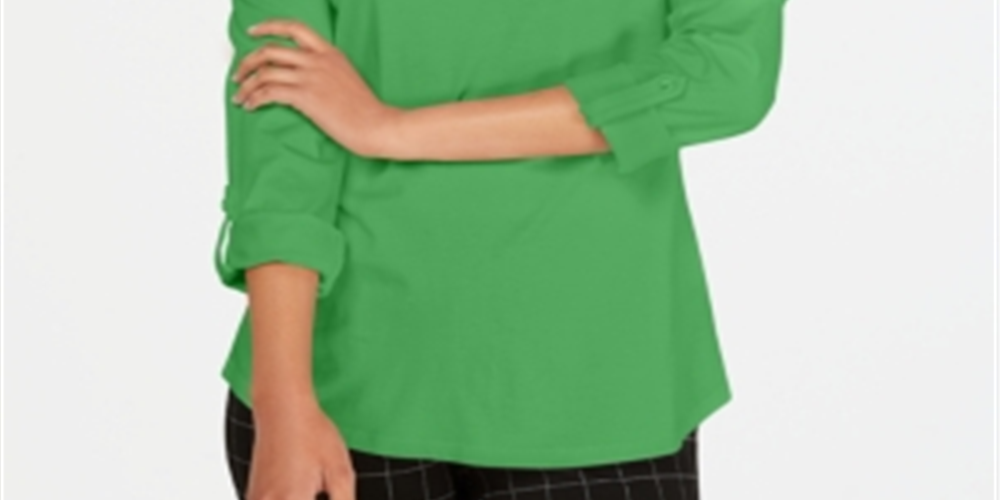 Charter Club Women's Supima Cotton Split Neck Top Green Size S