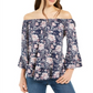 Style & Co Women's Floral Print Lantern Sleeve Off the Shoulder Top  Blue Size XS