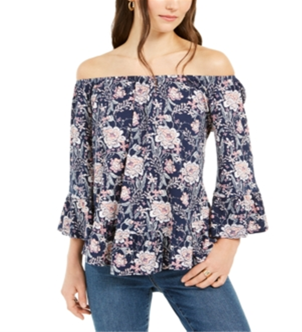 Style & Co Women's Floral Print Lantern Sleeve Off the Shoulder Top  Blue Size XS