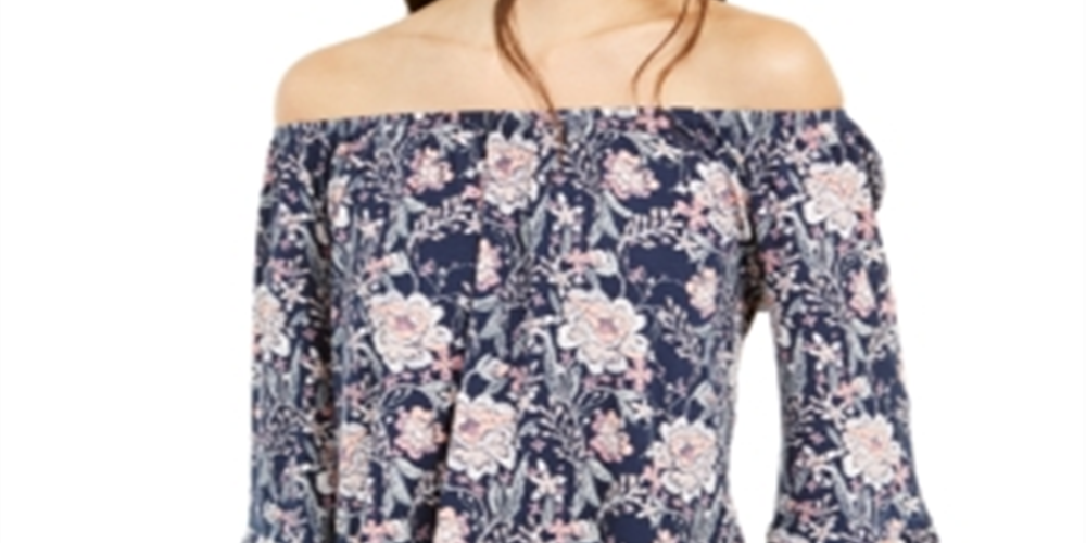 Style & Co Women's Floral Print Lantern Sleeve Off the Shoulder Top  Blue Size XS