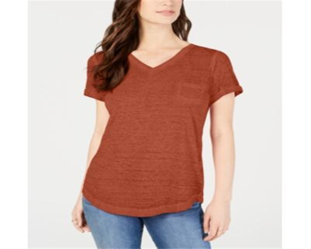 Style & Co Women's Burnout V Neck T-Shirt Brown  Size -Petite M