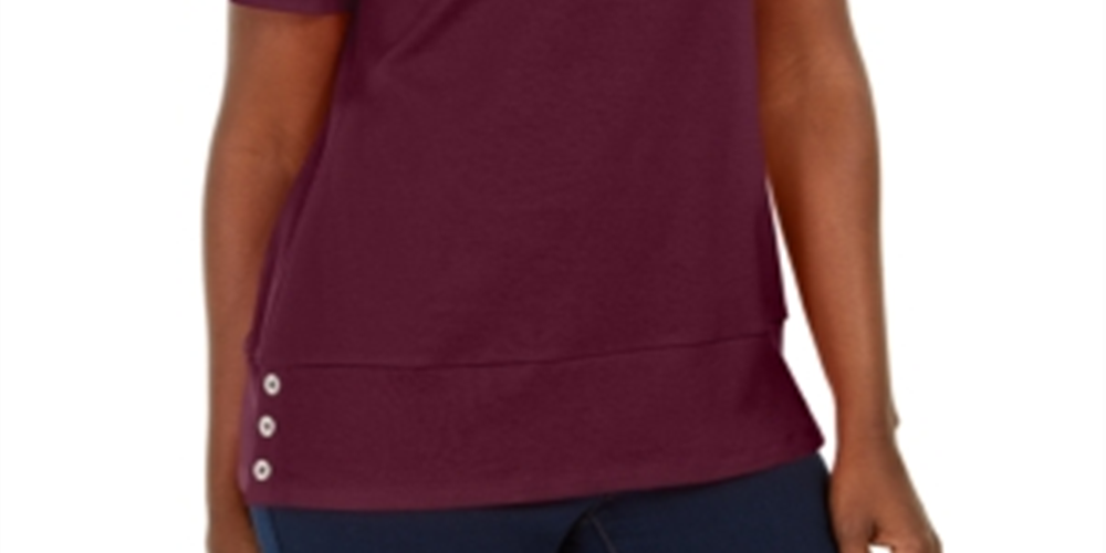 Karen Scott Women's Button Hem Scoop Neck Cotton Top Maroon Size S