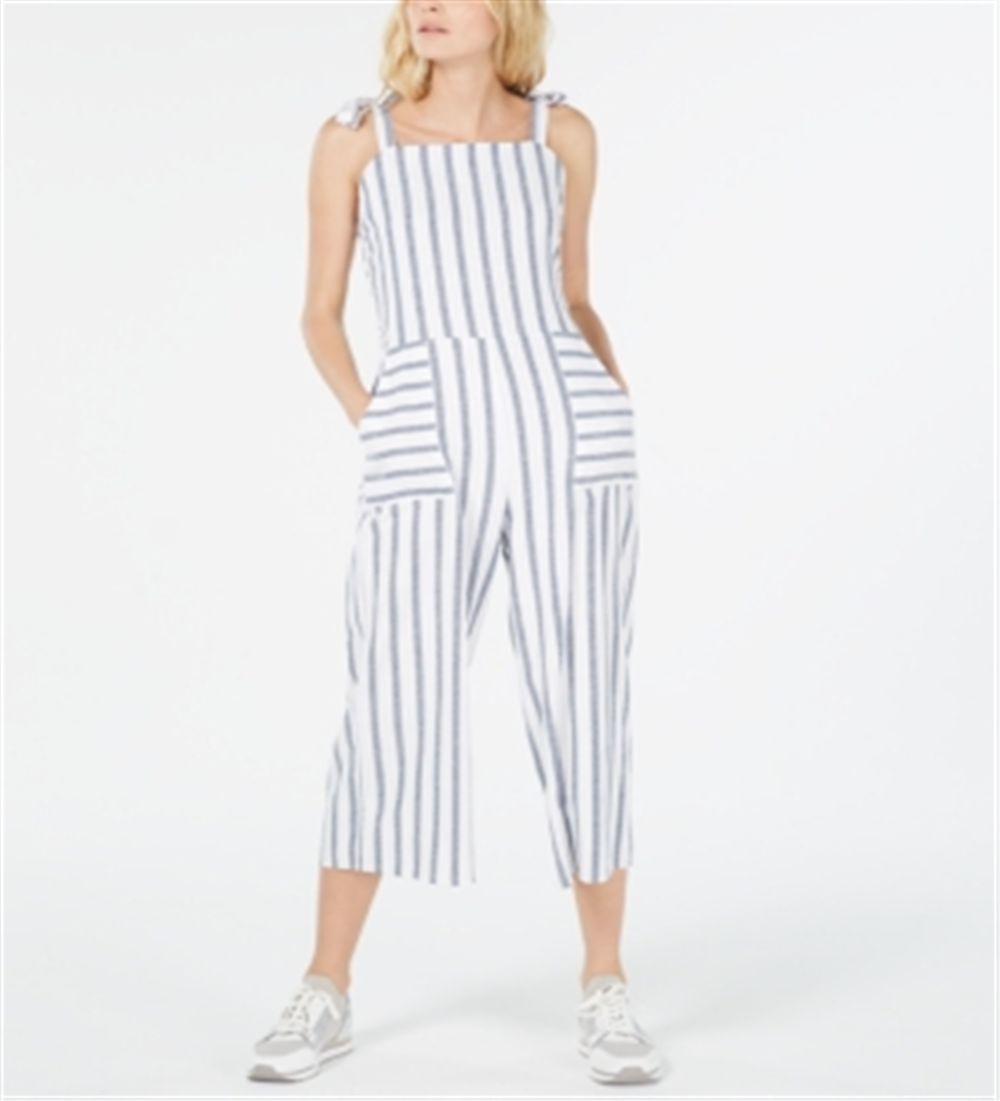 Monteau Women's Striped Cropped Jumpsuit -White Size Petite XL