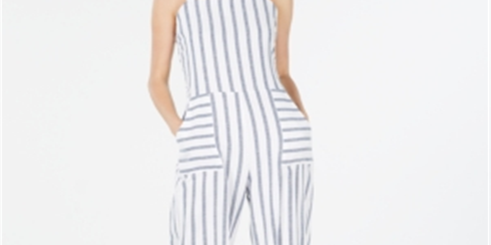 Monteau Women's Striped Cropped Jumpsuit -White Size Petite XL