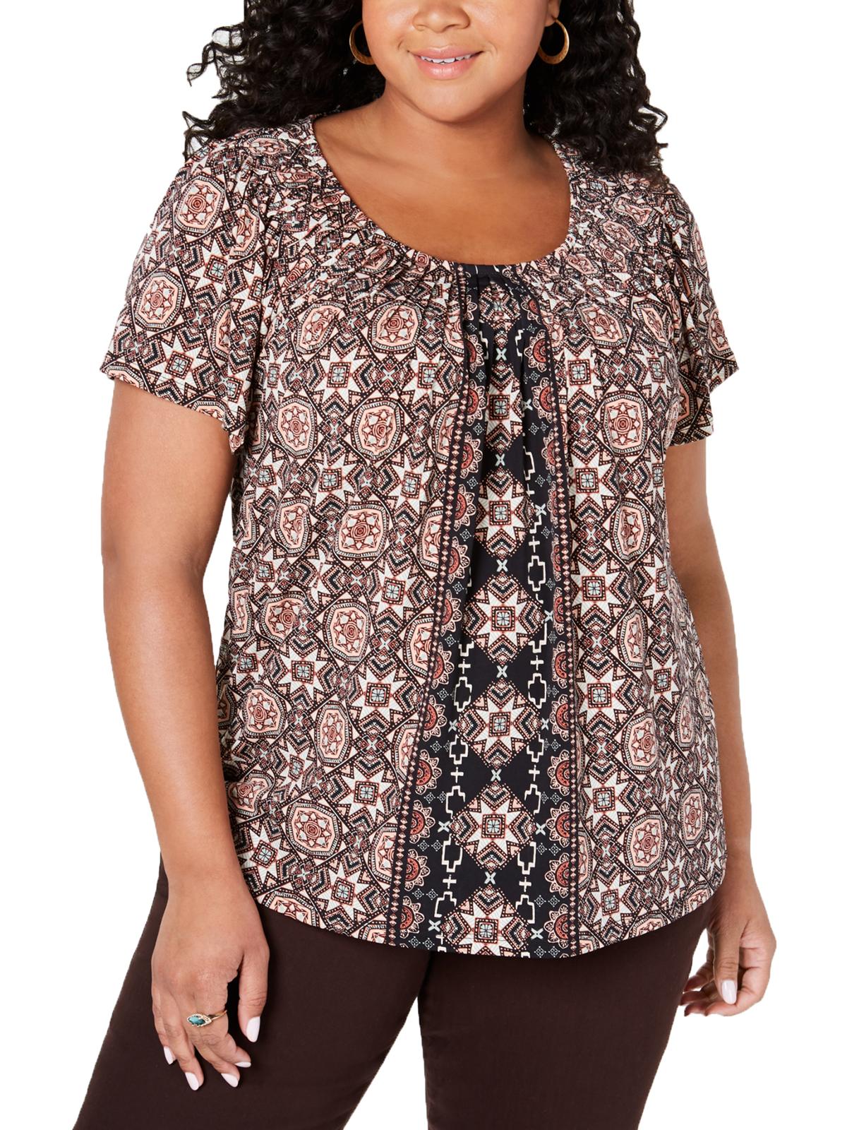 Karen Scott Women's Plus Printed Pleated Blouse Brown Size XXL