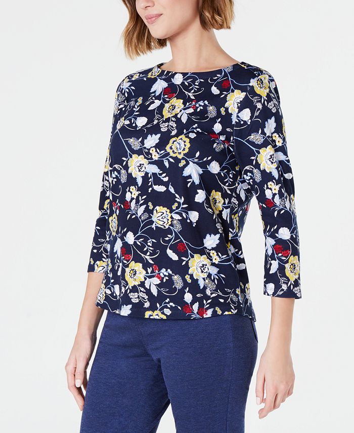 Charter Club Women's Cotton Printed Top Blue Size Petite M