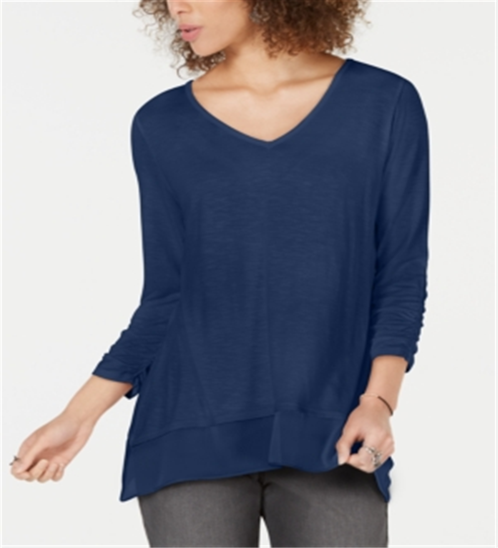 Style & Co Women's Chiffon Hem Top Blue Size Petite L