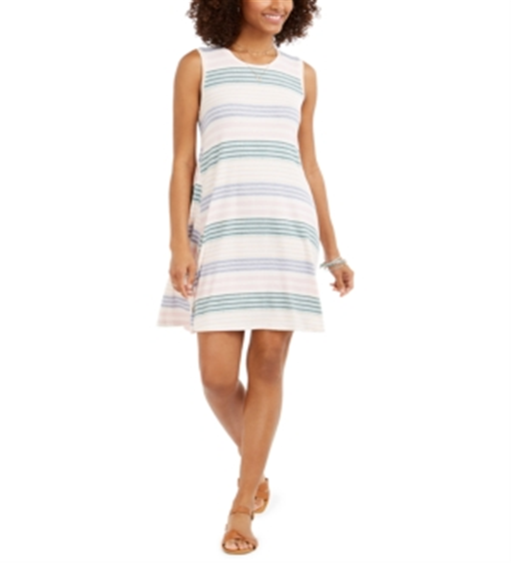 Style & Co Women's Striped Sleeveless Swing Dress Pink Size L