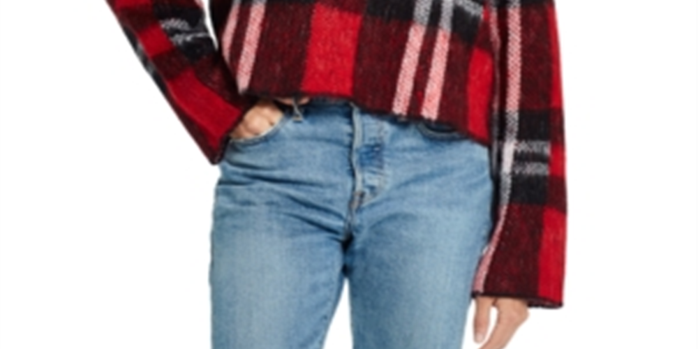 Weatherproof Women's Plaid Crew Neck Crop Sweater Red Size Medium
